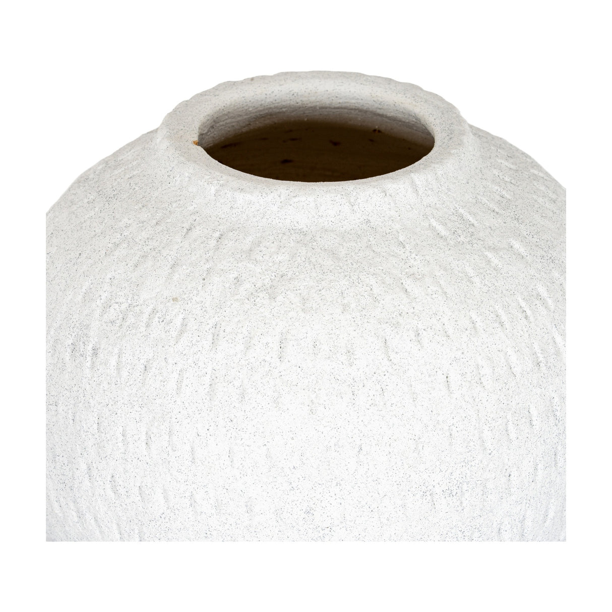 Close-up of Hill Interiors Large Round Ceramic Vase in white, showing the textured chalky finish and narrow opening at the tapered neck.