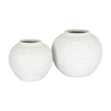 Hill Interiors medium round ceramic vases in white with textured matte finish and narrow necks, shown as a pair on a plain background.