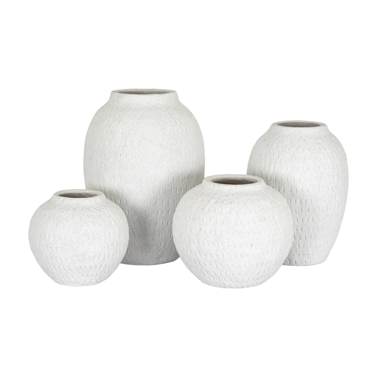 Hill Interiors Medium Round Ceramic Vase in white, shown alongside three other textured white ceramic vases in varied sizes on a plain background.