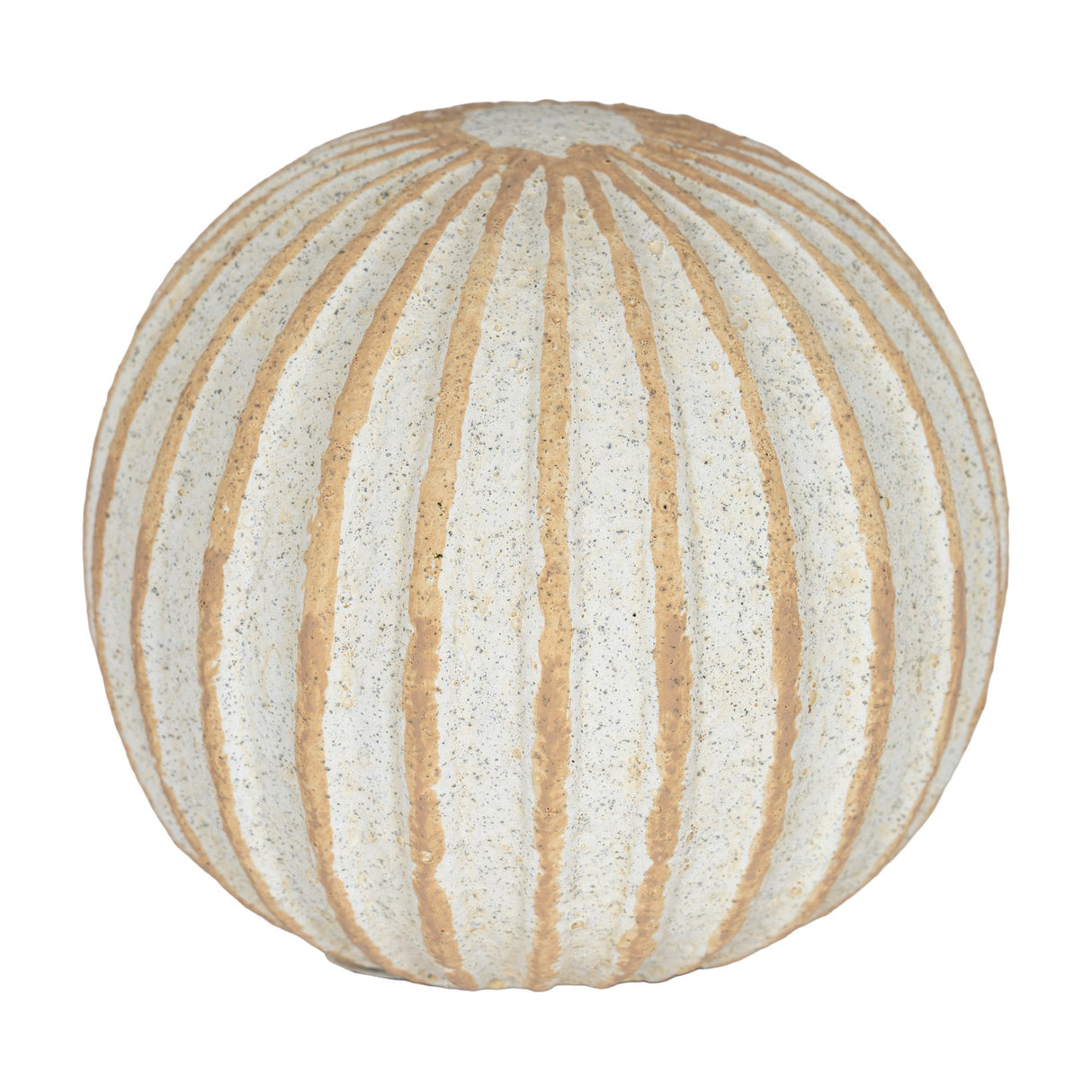 Hill Interiors Medium Decorative Ceramic Ball in white with tan ribbed grooves running vertically across the spherical body, shown on a plain white background.