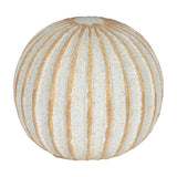 Hill Interiors Medium Decorative Ceramic Ball in white with tan ribbed grooves running vertically across the spherical body, shown on a plain white background.
