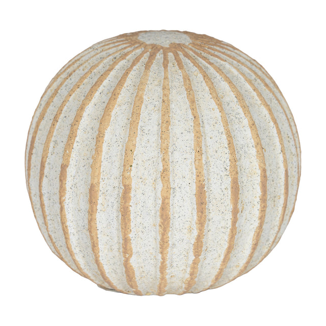 Hill Interiors Medium Decorative Ceramic Ball in white with tan ribbed grooves running vertically across the spherical body, shown on a plain white background.