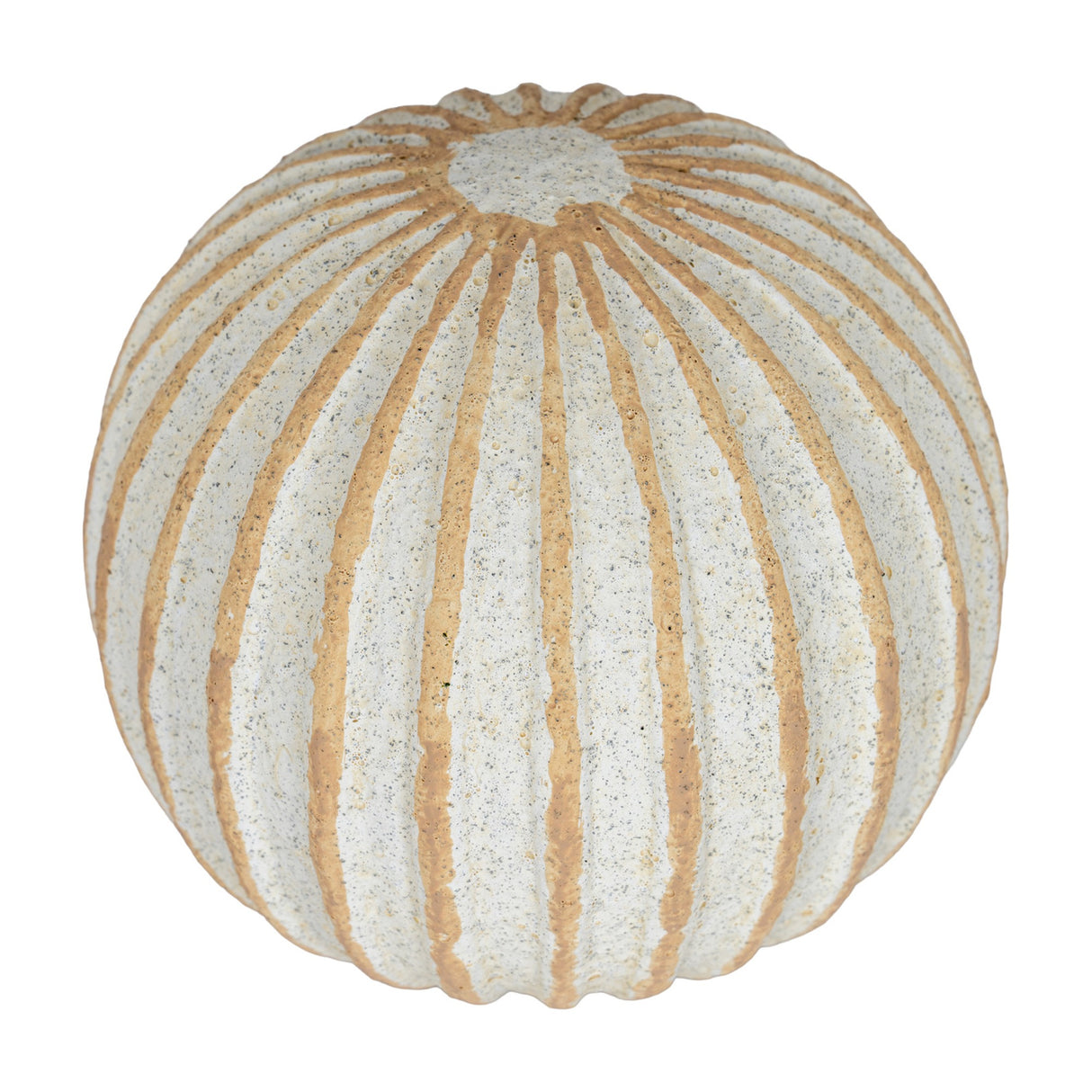 Hill Interiors Medium Decorative Ceramic Ball in white with ribbed sculptural form and tan-toned grooves radiating from the top, on a plain background.
