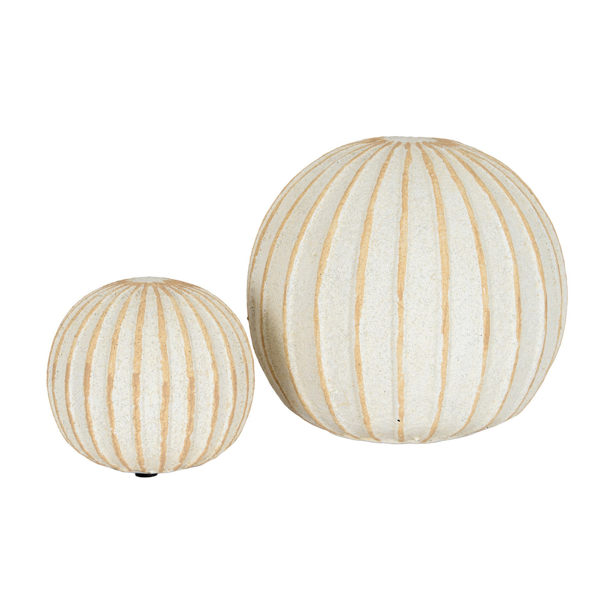 Hill Interiors Medium Decorative Ceramic Ball in white glaze with tan ribbed lines, shown beside a larger matching sphere on a plain background.