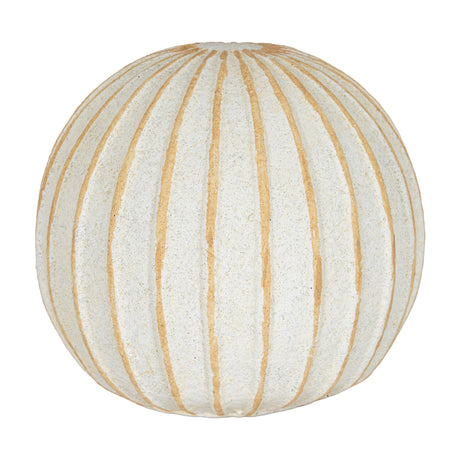 Hill Interiors Small Round Ceramic Ball Vase in white with vertical tan ribbed lines and a narrow top opening, shown on a plain white background.