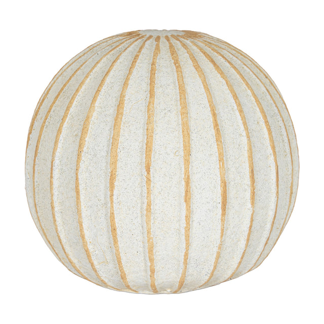Hill Interiors Small Round Ceramic Ball Vase in white with vertical tan ribbed lines and a narrow top opening, shown on a plain white background.