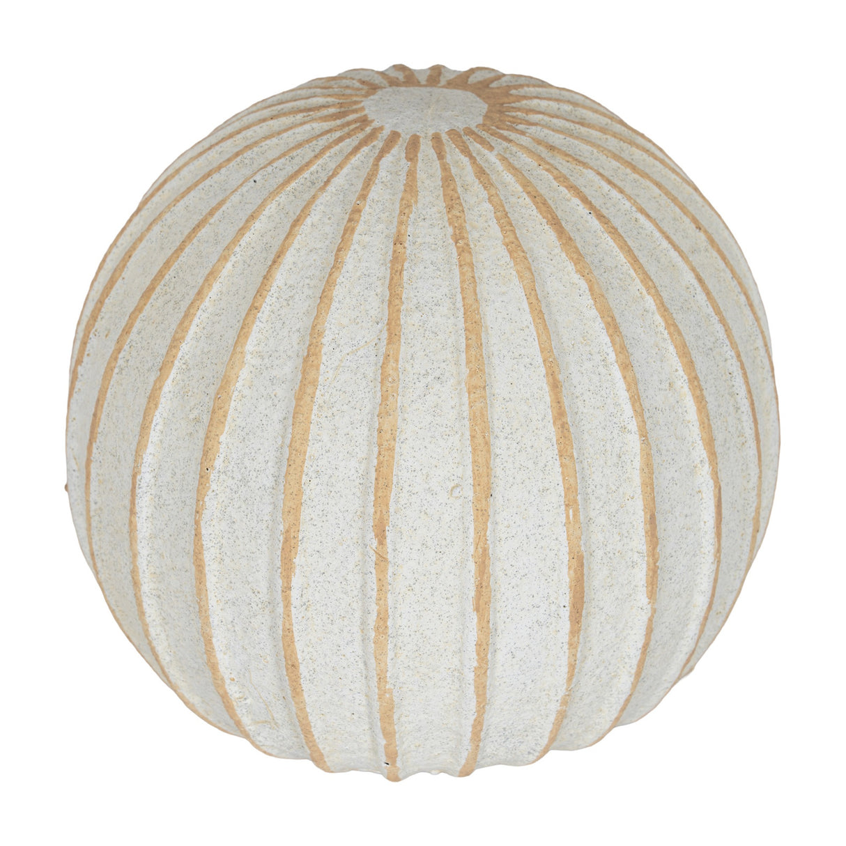 Hill Interiors Small Round Ceramic Ball Vase in white with vertical tan ribbed lines and a narrow top opening, shown on a plain white background.