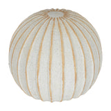 Hill Interiors Small Round Ceramic Ball Vase in white with vertical tan ribbed lines and a narrow top opening, shown on a plain white background.