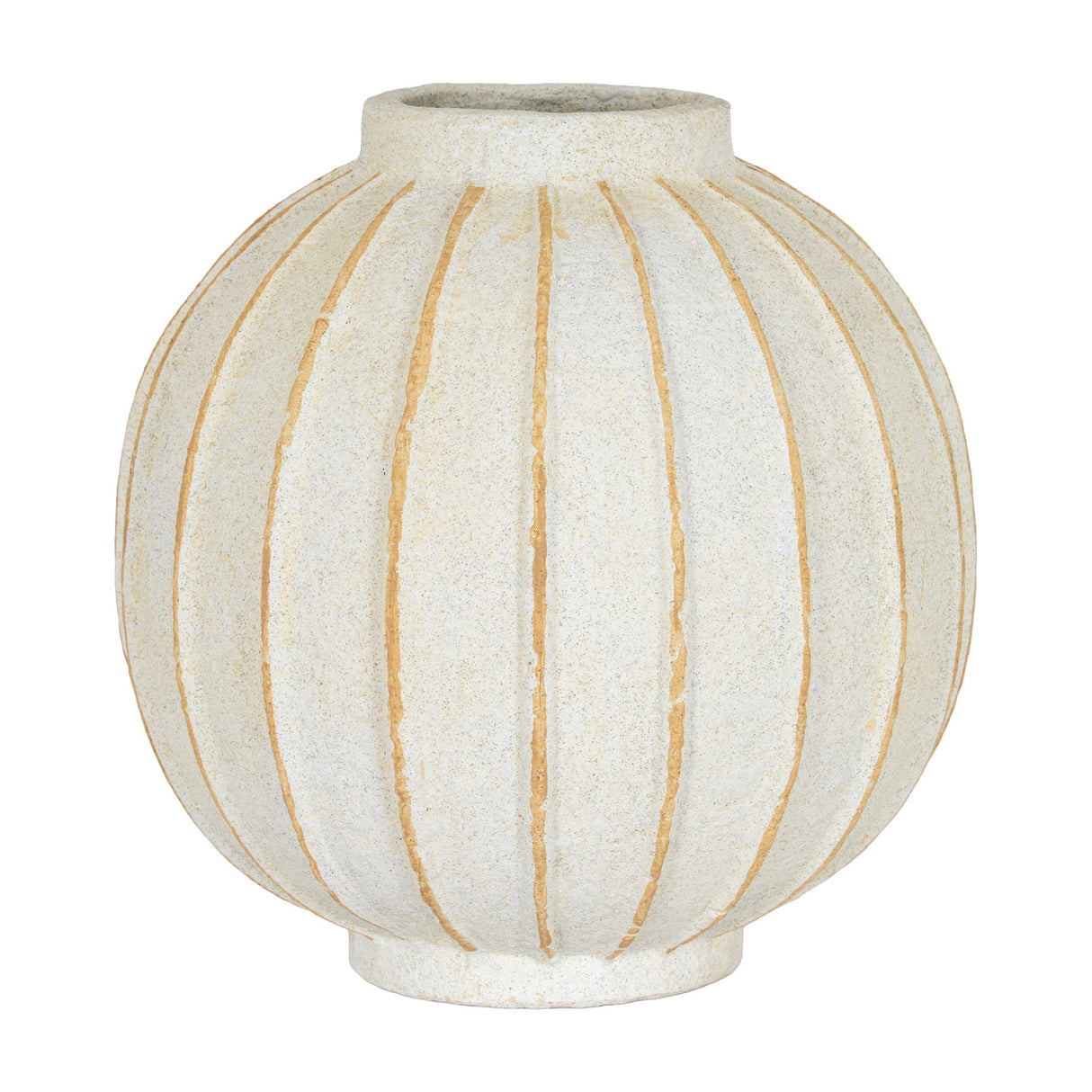 Hill Interiors Large Globe Ceramic Vase in white with a rounded body, vertical ribbed lines revealing warm tan detailing, on a plain background.