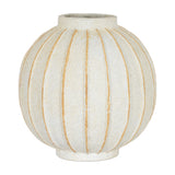 Hill Interiors Large Globe Ceramic Vase in white with a rounded body, vertical ribbed lines revealing warm tan detailing, on a plain background.