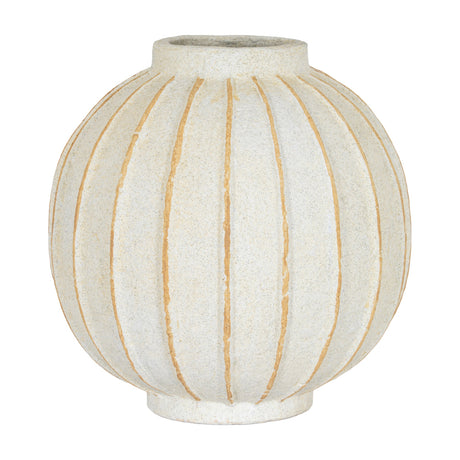 Hill Interiors Large Globe Ceramic Vase in white with a rounded body, vertical ribbed lines revealing warm tan detailing, on a plain background.