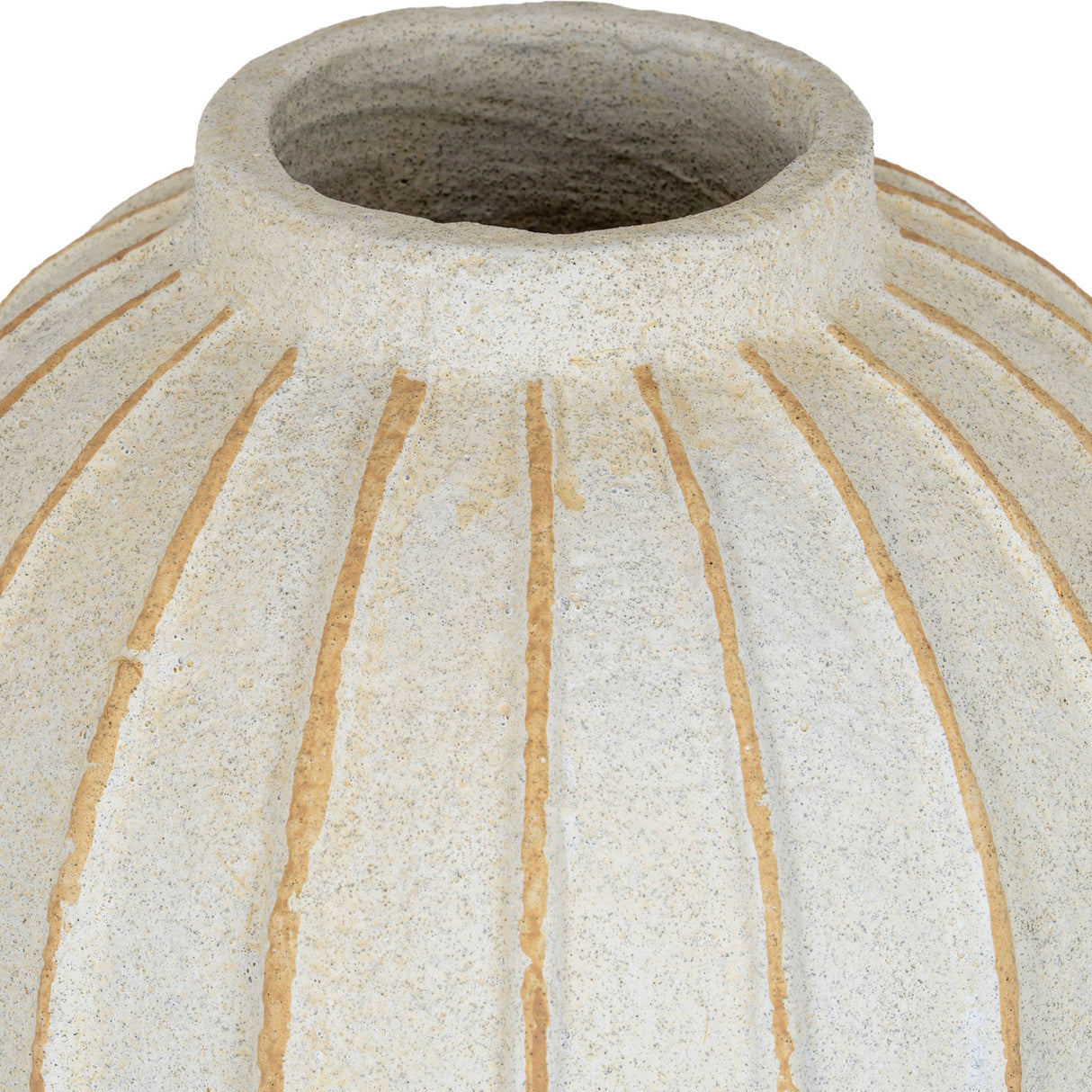 Close-up of Hill Interiors Large Globe Ceramic Vase in white, showing the textured finish and vertical tan streaks running down to the narrow opening.