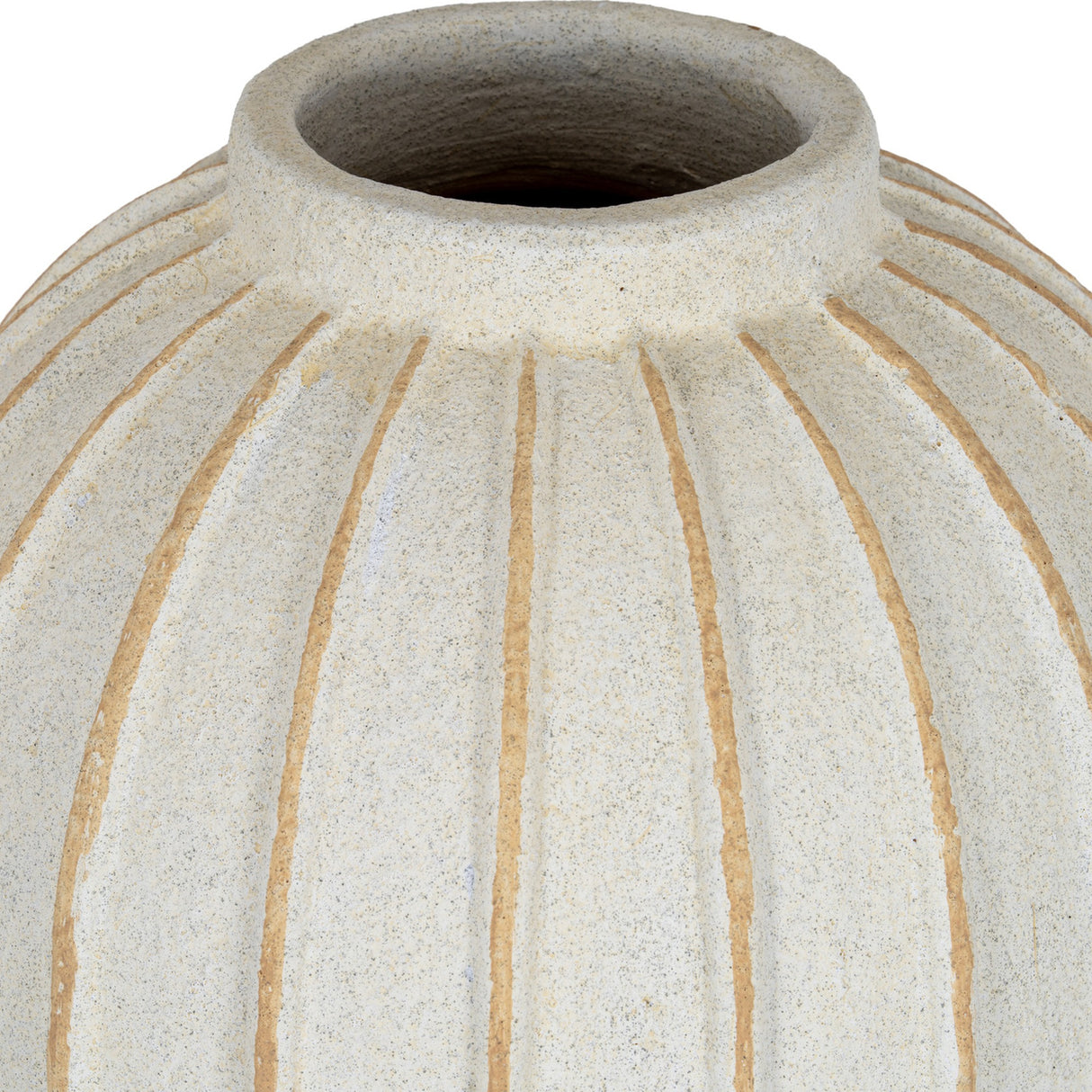 Close-up of Hill Interiors Ceramic Globe Vase 25cm in white, showing the rounded neck and vertical ribbed grooves with a speckled matte glaze.