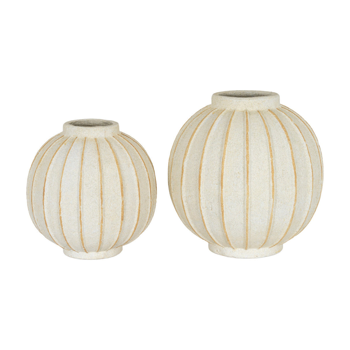 Hill Interiors Ceramic Globe Vase 25cm in white, shown as a pair of round ribbed ceramic vases with narrow necks on a plain background.