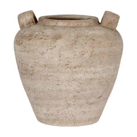 Hill Interiors large ceramic urn vase in warm brown with a rounded tapered body, twin side handles and textured finish, shown on a plain background.