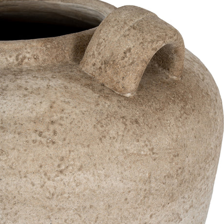 Close-up of Hill Interiors Large Urn Vase With Handles in textured brown ceramic, showing the curved handle and rounded shoulder against a plain background.