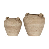 Hill Interiors Large Urn Vases with Handles in brown ceramic, shown as two sizes with rounded tapered bodies and twin rim handles on a white background.