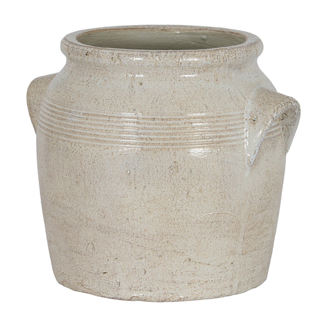 Hill Interiors medium white ceramic pot with rounded body, ridged shoulder detail and small side handles, shown on a plain white background.