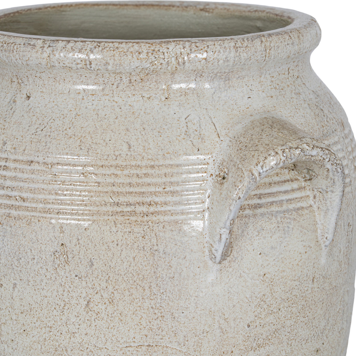 Close-up of Hill Interiors Medium Ceramic Pot With Handles in white, showing the distressed glaze, ribbed detailing, and moulded side handle.