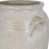 Close-up of Hill Interiors Medium Ceramic Pot With Handles in white, showing the distressed glaze, ribbed detailing, and moulded side handle.