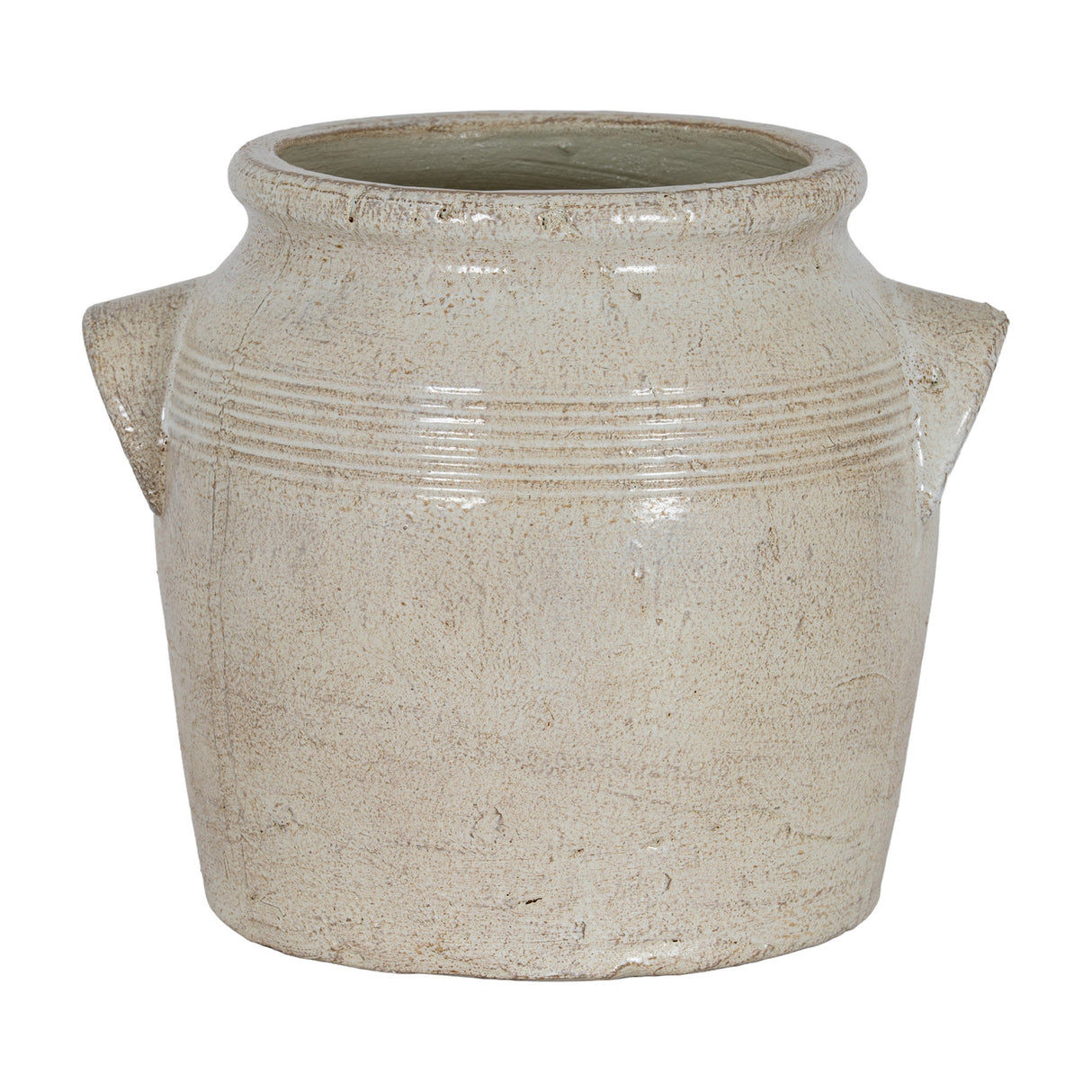 Hill Interiors Medium Ceramic Pot With Handles in white, a rounded glazed planter with side handles and ribbed detailing, on a plain background.