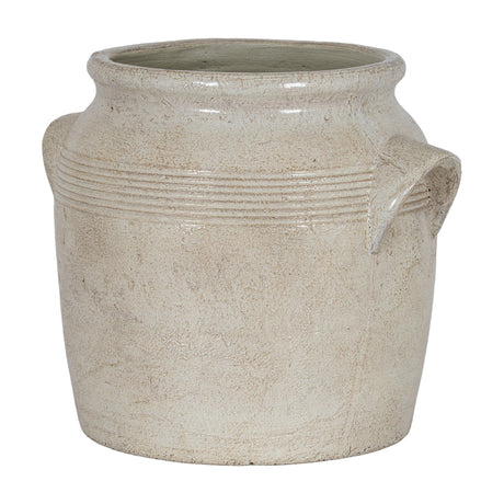 Hill Interiors small white ceramic planter with rounded body, ribbed shoulder detail and two moulded side handles, shown on a plain background.