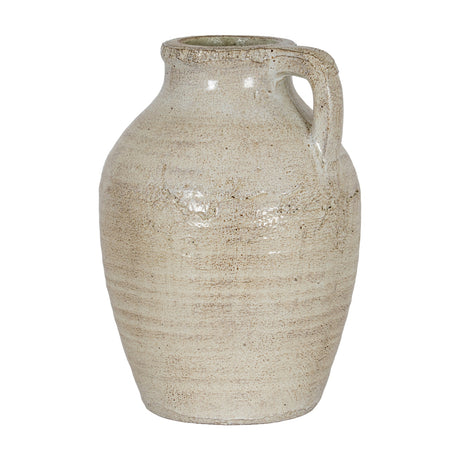 Hill Interiors Large Ceramic Jug With Handle in white with a distressed glaze, rounded body and looped handle, shown on a plain white background.