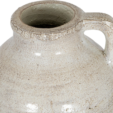 Close-up of the Hill Interiors Large Ceramic Jug with Handle in speckled white glaze, showing the wide mouth, rolled rim, and looped side handle.