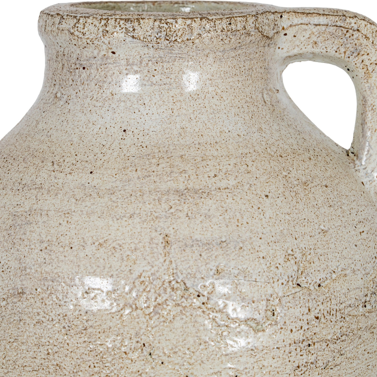 Close-up of Hill Interiors large white ceramic jug showing the speckled glaze finish and looped side handle at the rounded shoulder.