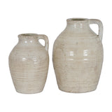 Hill Interiors large white ceramic jugs with looped handles and softly glazed, ribbed bodies, shown together on a plain white background.
