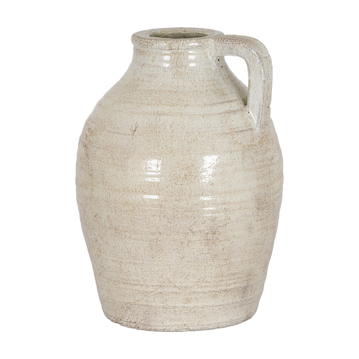 Hill Interiors medium ceramic jug in white glaze with a rounded body, single side handle and narrow neck, shown on a plain white background.