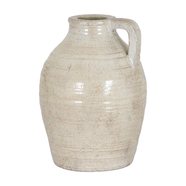 Hill Interiors medium ceramic jug in white glaze with a rounded body, single side handle and narrow neck, shown on a plain white background.