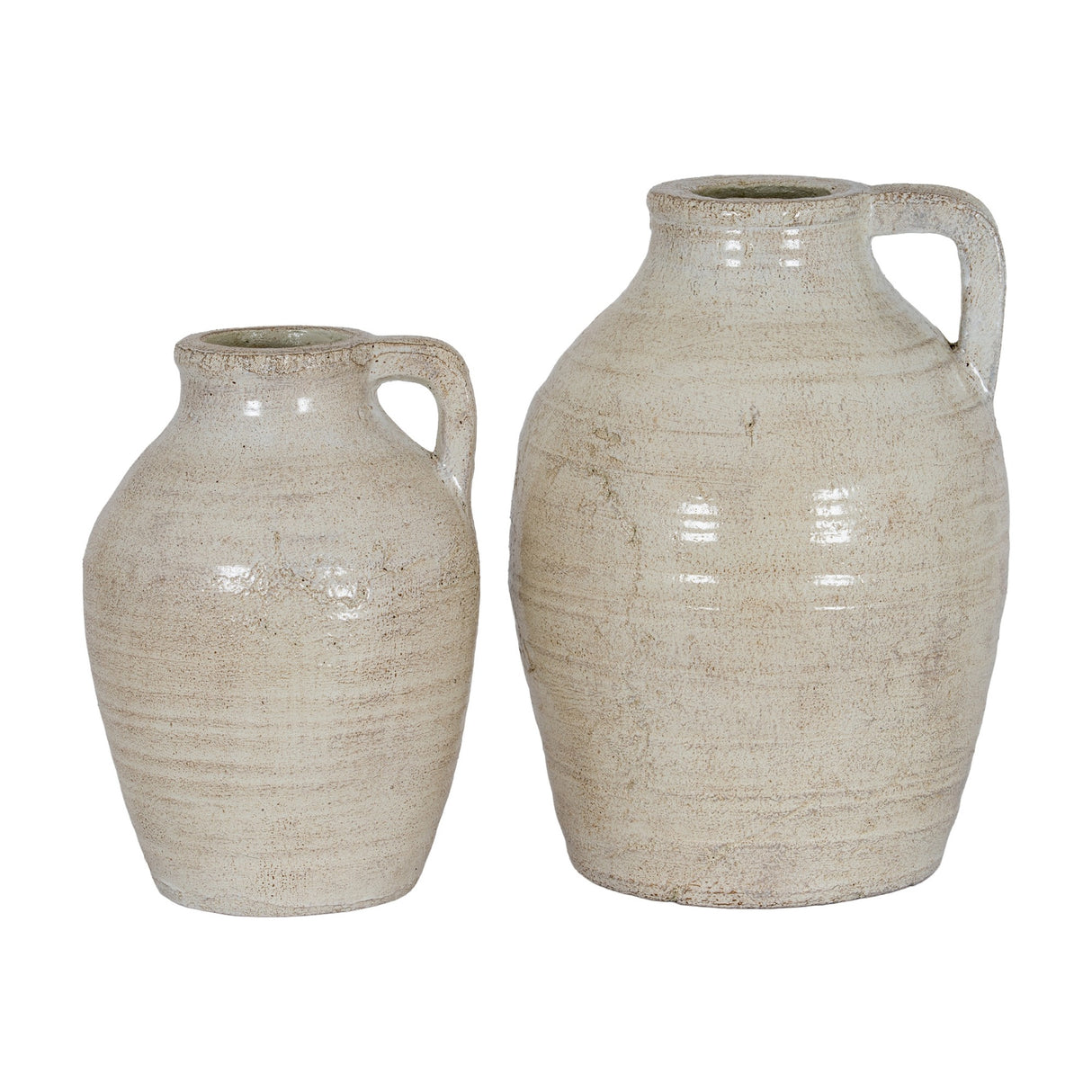 Hill Interiors Medium Ceramic Jug with Handle in white glaze, shown beside a larger matching jug on a plain background.