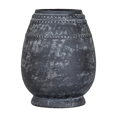 Hill Interiors Etched Tall Ceramic Vase in black, with a rounded body, narrow neck, and cross-stitch etched banding, shown on a plain white background.