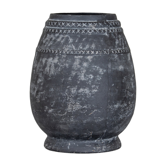 Hill Interiors Etched Tall Ceramic Vase in black, with a rounded body, narrow neck, and cross-stitch etched banding, shown on a plain white background.