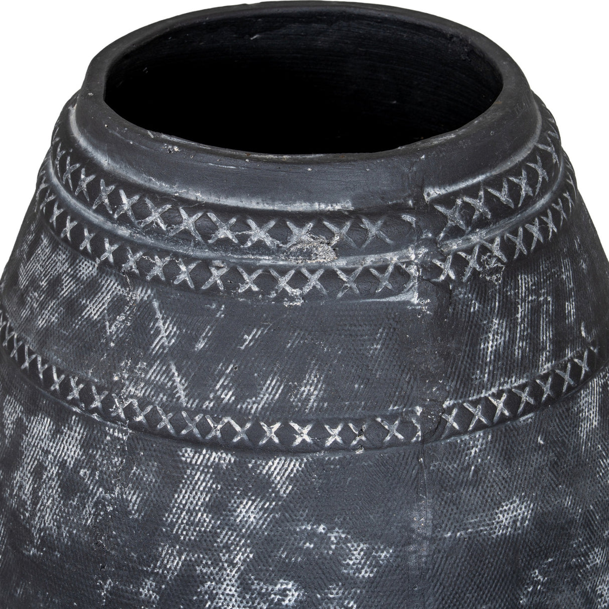 Close-up of Hill Interiors Etched Tall Ceramic Vase in black, showing the rounded shoulder, narrowing neck and cross-stitch etched banding.