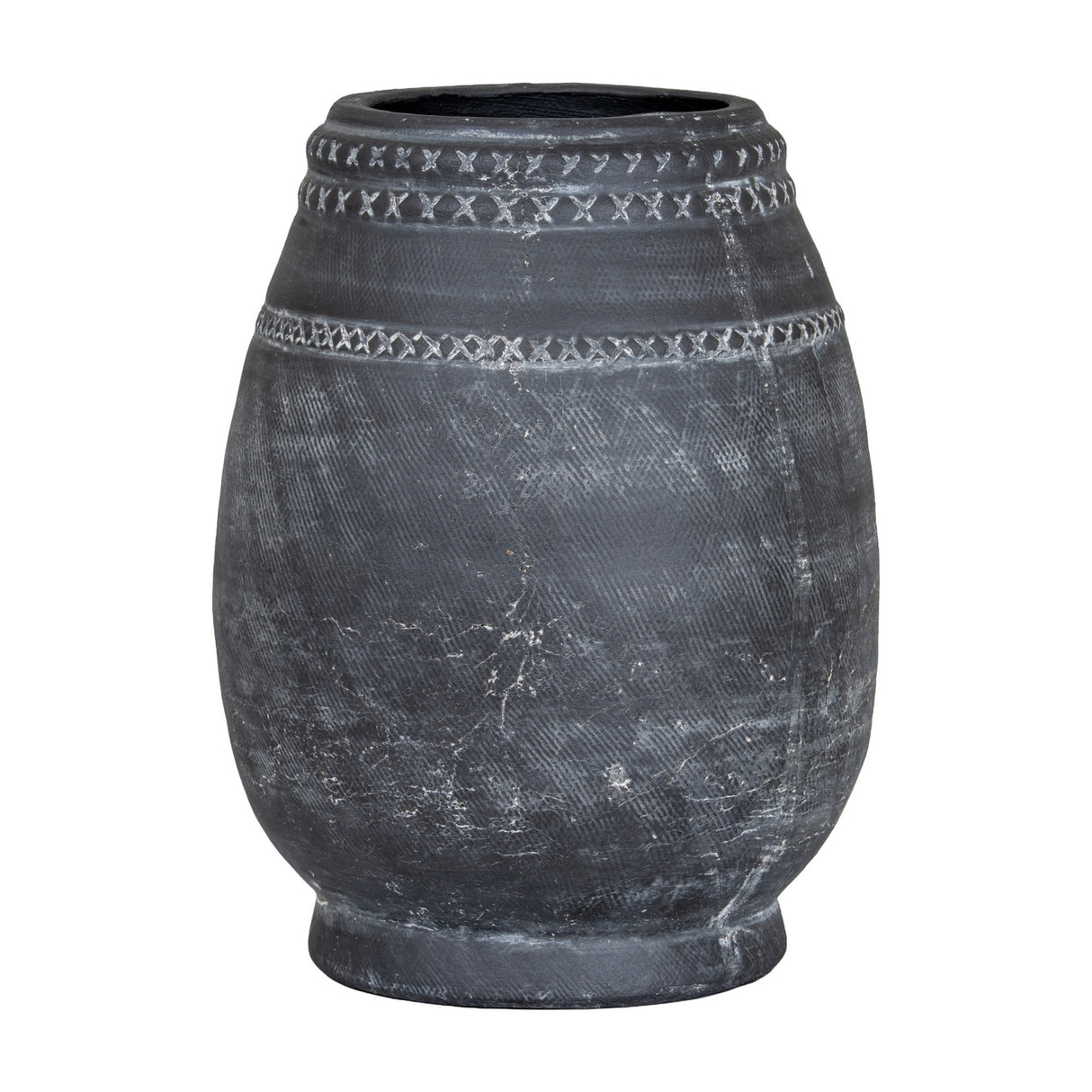 Hill Interiors Etched Ceramic Vase in black with a rounded body, tapered neck and cross-stitch etched banding, shown on a plain white background.