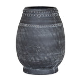 Hill Interiors Etched Ceramic Vase in black with a rounded body, tapered neck and cross-stitch etched banding, shown on a plain white background.