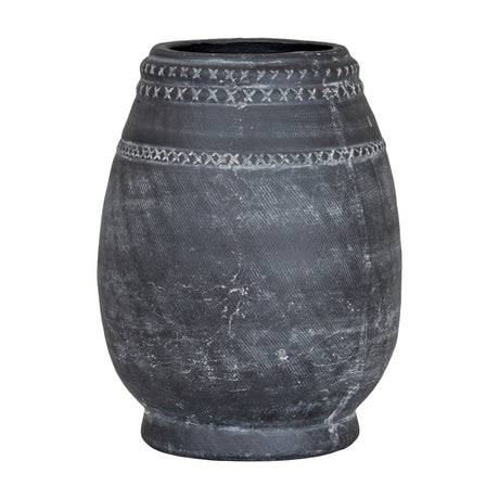 Hill Interiors Etched Ceramic Vase in black with a rounded body, tapered neck and cross-stitch etched banding, shown on a plain white background.