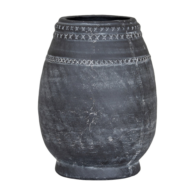 Hill Interiors Etched Ceramic Vase in black with a rounded body, tapered neck and cross-stitch etched banding, shown on a plain white background.