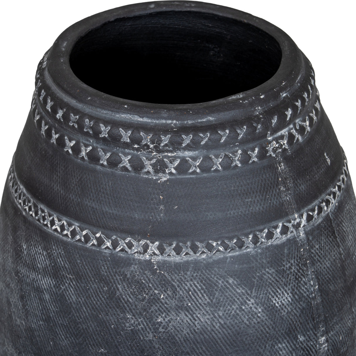 Close-up of the Hill Interiors Etched Ceramic Vase in black, showing the tapered neck and cross-stitch etched banding across the matte surface.