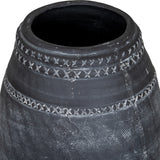 Close-up of the Hill Interiors Etched Ceramic Vase in black, showing the tapered neck and cross-stitch etched banding across the matte surface.