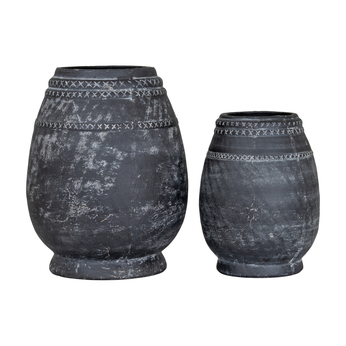 Hill Interiors Etched Ceramic Vase in matte black, shown in two sizes with rounded bellies and cross-etched banding around the necks, on a white background.