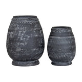 Hill Interiors Etched Ceramic Vase in matte black, shown in two sizes with rounded bellies and cross-etched banding around the necks, on a white background.