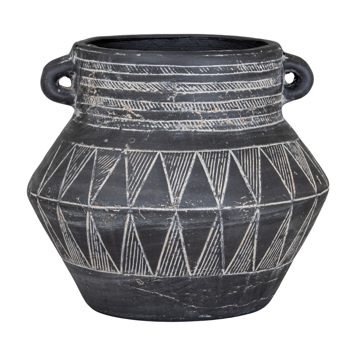 Hill Interiors tall etched ceramic planter in black with geometric triangle and line patterns and small side handles, shown on a plain white background.