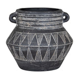 Hill Interiors tall etched ceramic planter in black with geometric triangle and line patterns and small side handles, shown on a plain white background.