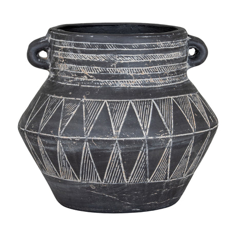Hill Interiors tall etched ceramic planter in black with geometric triangle and line patterns and small side handles, shown on a plain white background.