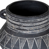 Close-up of Hill Interiors Tall Etched Ceramic Planter in black, showing the side handle, ribbed neck and etched triangular pattern on the glazed surface.