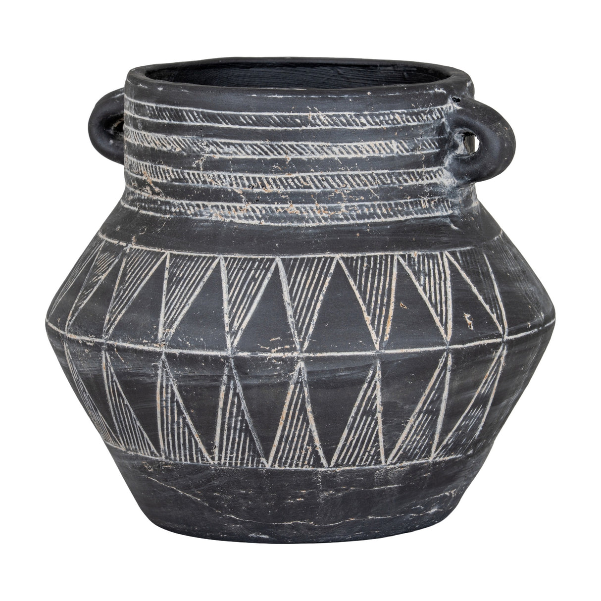 Hill Interiors Tall Etched Ceramic Planter in black with white etched triangle and striped pattern, small side handles, on a plain white background.