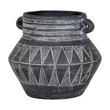 Hill Interiors Tall Etched Ceramic Planter in black with white etched triangle and striped pattern, small side handles, on a plain white background.